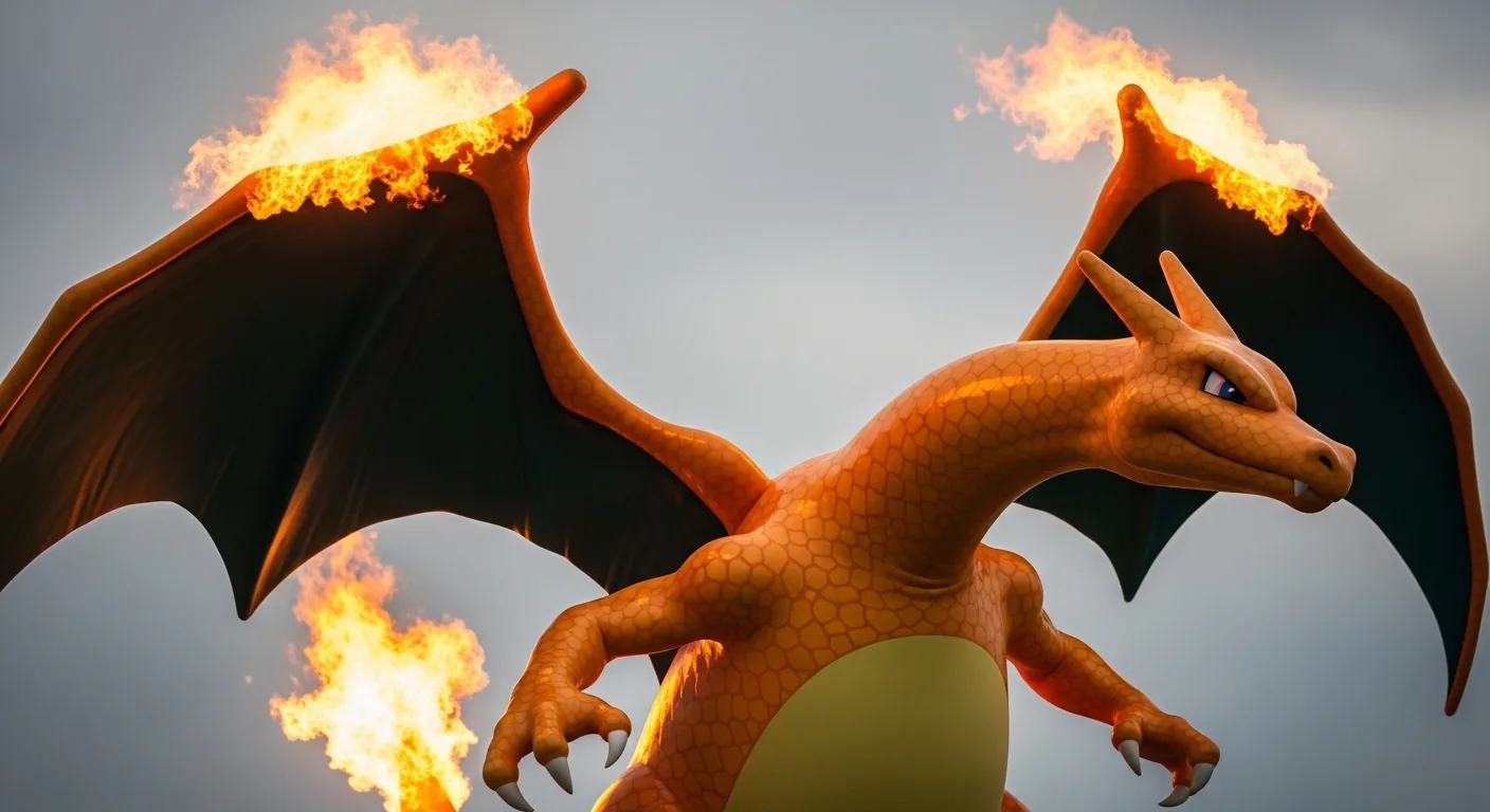 Dracaufeu déployant ses ailes de feu au coucher du soleil
